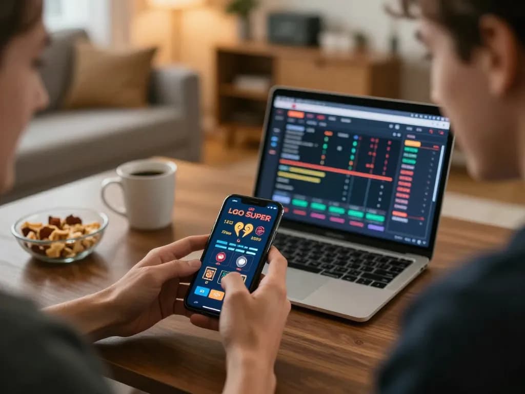 LGO SUPER mobile gameplay on a smartphone, showcasing excitement in a cozy home setting.