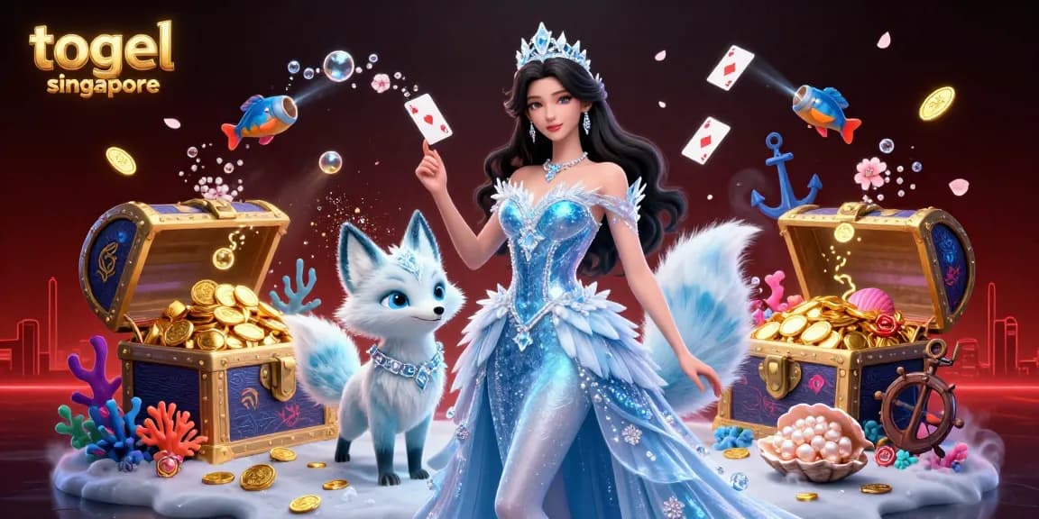 Togel Singapore's vibrant casino scene showcases stunning ice queen character with her arctic fox companion amidst treasure and glowing elements.