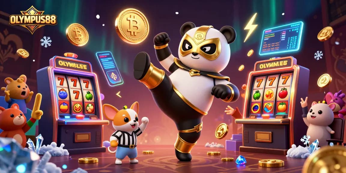 OLYMPUS88 memicu kegembiraan permainan slot dengan panda pejuang dan penonton hewan yang penuh semangat.