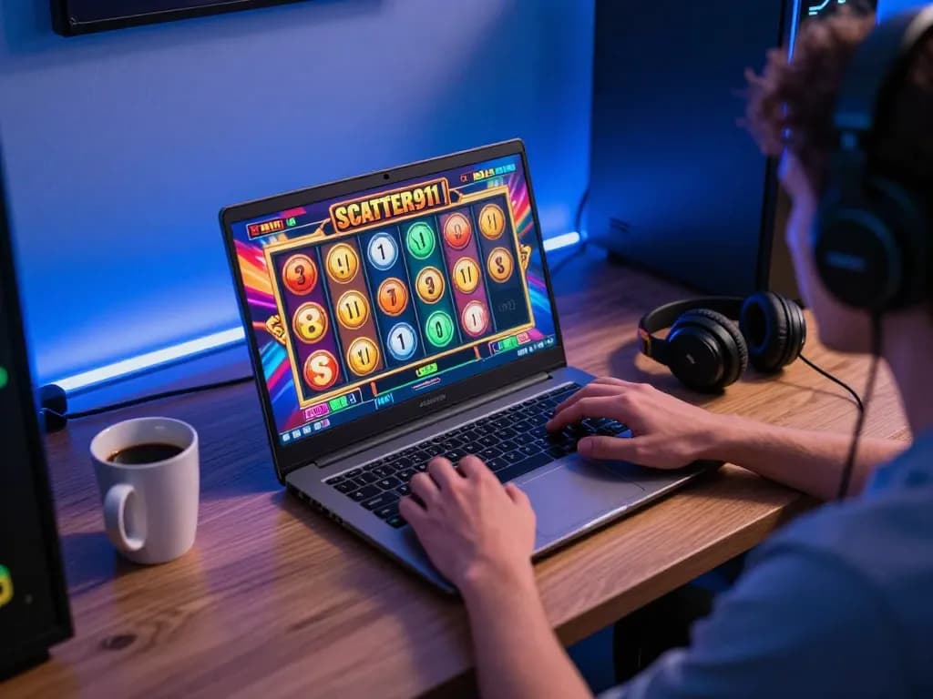 Person playing SCATTER911 online slots on a laptop, celebrating a winning reel spin