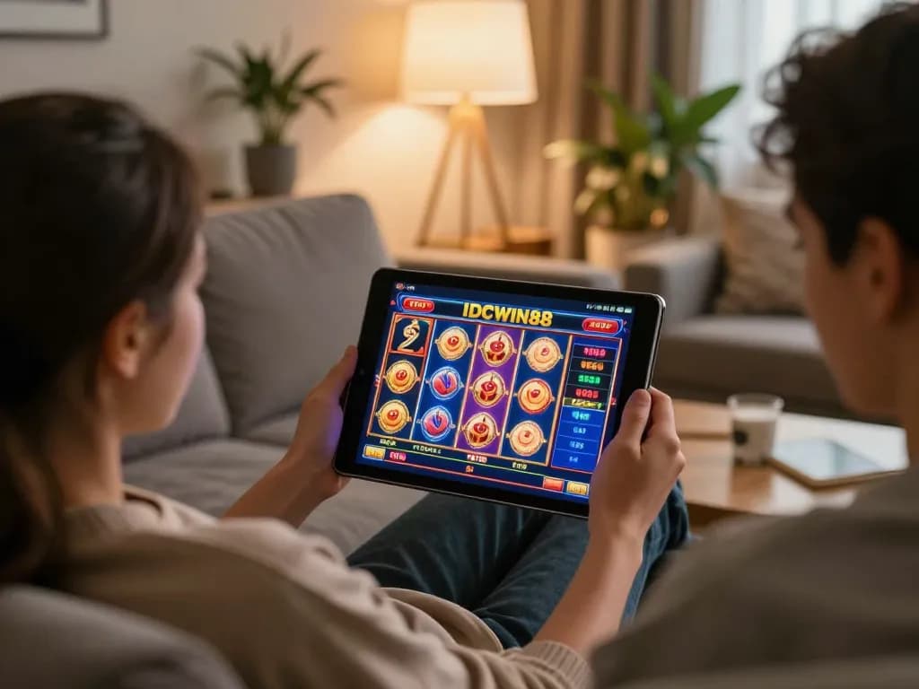 Engaging with IDCWIN88 on a tablet, showcasing lively online slot game in a cozy home setting