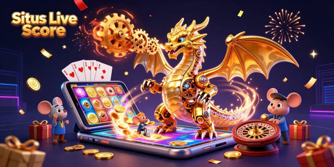Situs Live Score showcases a vibrant scene of a golden dragon and gaming elements celebrating wins in 2026.