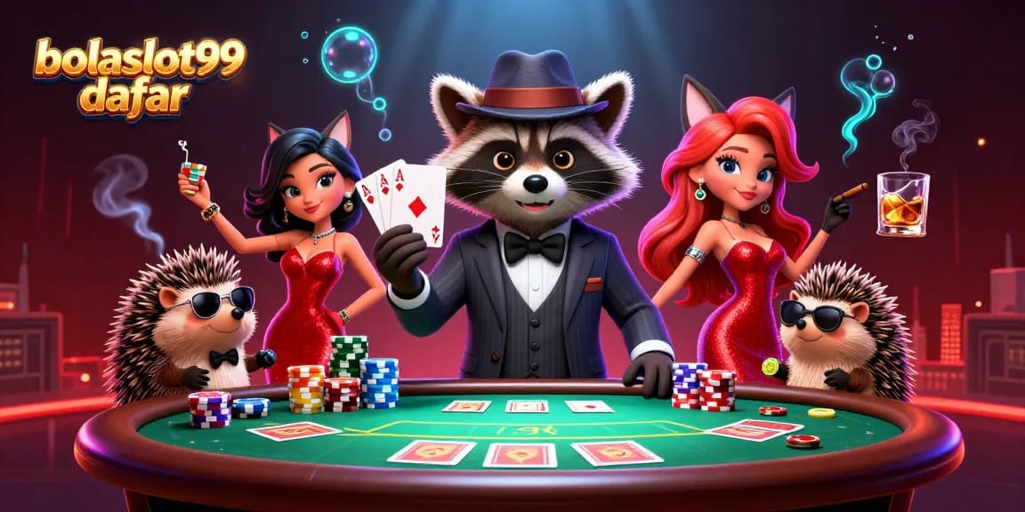 Bolaslot99 daftar showcases a charming raccoon and fox duo playing poker, featuring vibrant casino elements.