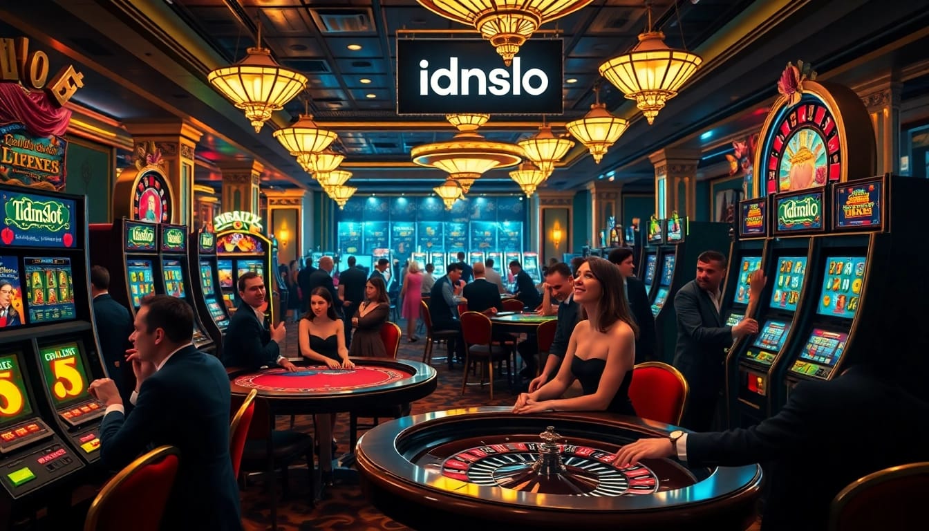 Experience the excitement of idnslot with players celebrating wins at a luxurious casino floor full of vibrant slot machines.