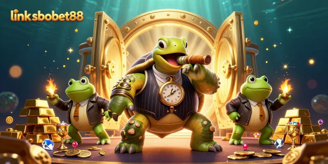 Bet at link sbobet88 with a vibrant, engaging 3D scene featuring a mobster turtle and bullfrog enforcers.