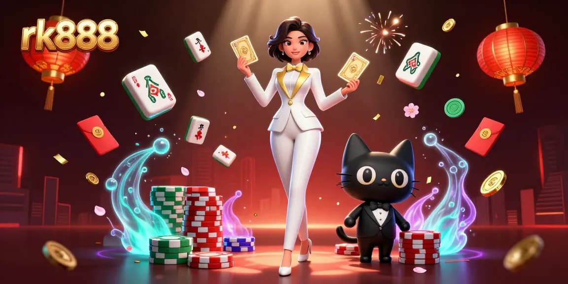 Experience excitement at rk888 with a glamorous woman shuffling golden cards and a playful tuxedo cat.