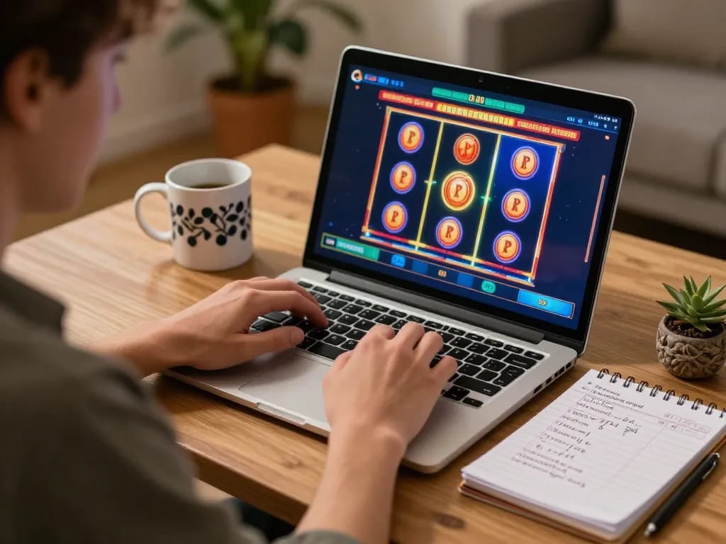 Player engaging in online casino gaming with oli4d slot options on the screen in warm home atmosphere