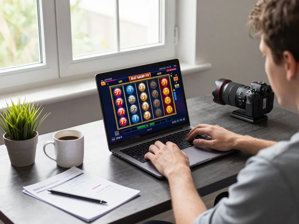 SLOT GACOR 777 gaming setup featuring a player using a laptop for online slots with colorful game interface