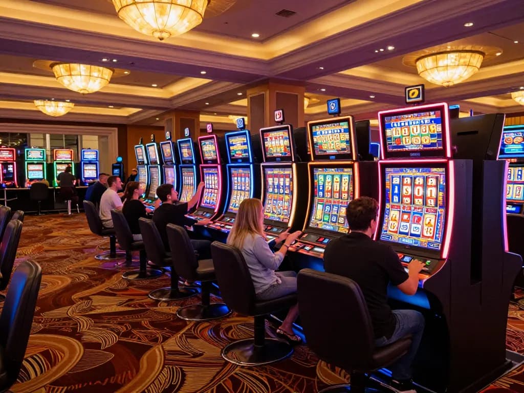 Pemain slot gacor merayakan kemenangan di lantai kasino yang penuh warna dengan permainan yang mengasyikkan.