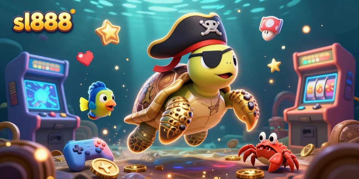 Engage with sl888's thrilling world, featuring a pirate turtle amidst vibrant arcade games and treasure.