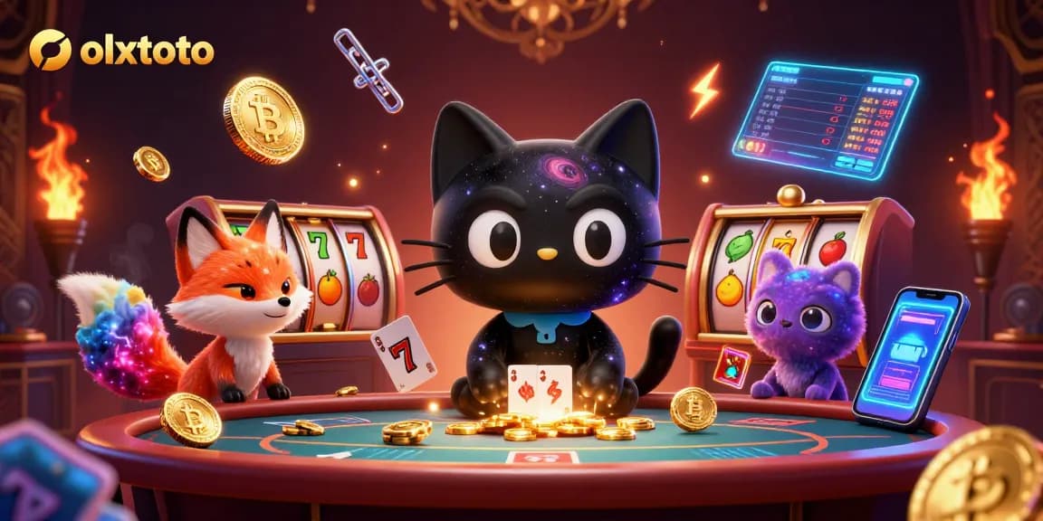 Olxtoto menarik perhatian dengan ilustrasi kasino cosmic penuh warna dan simbol perjudian menarik.