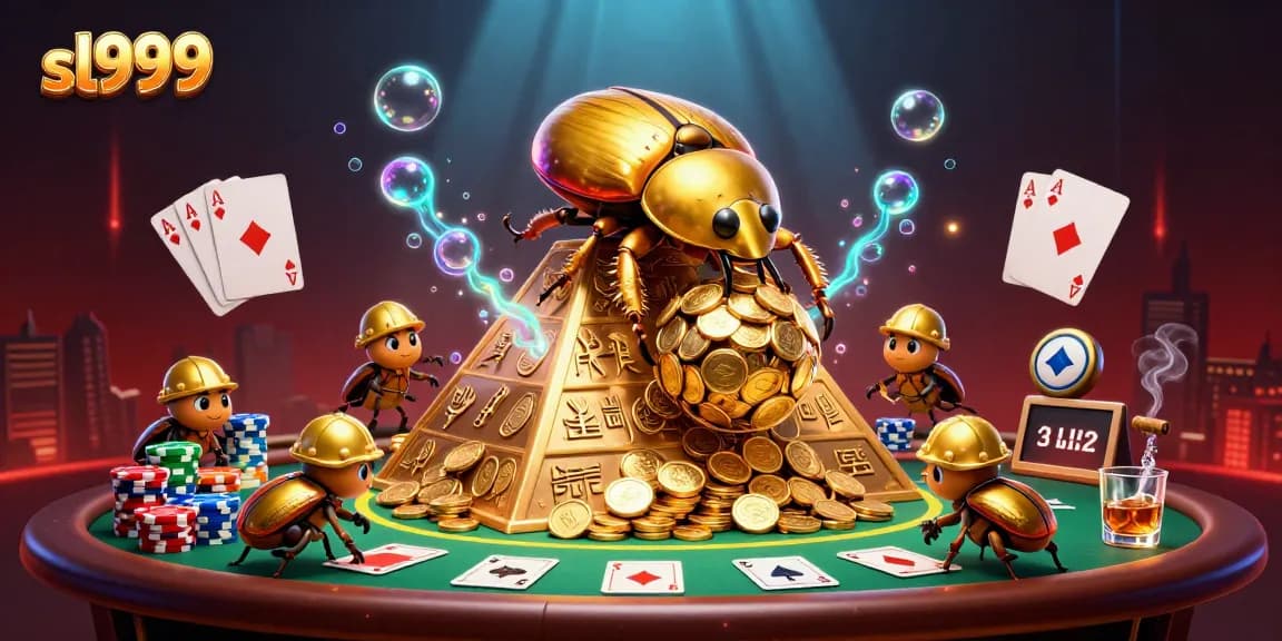 Experience the thrill of sl999 with golden beetles rolling casino coins and poker elements!