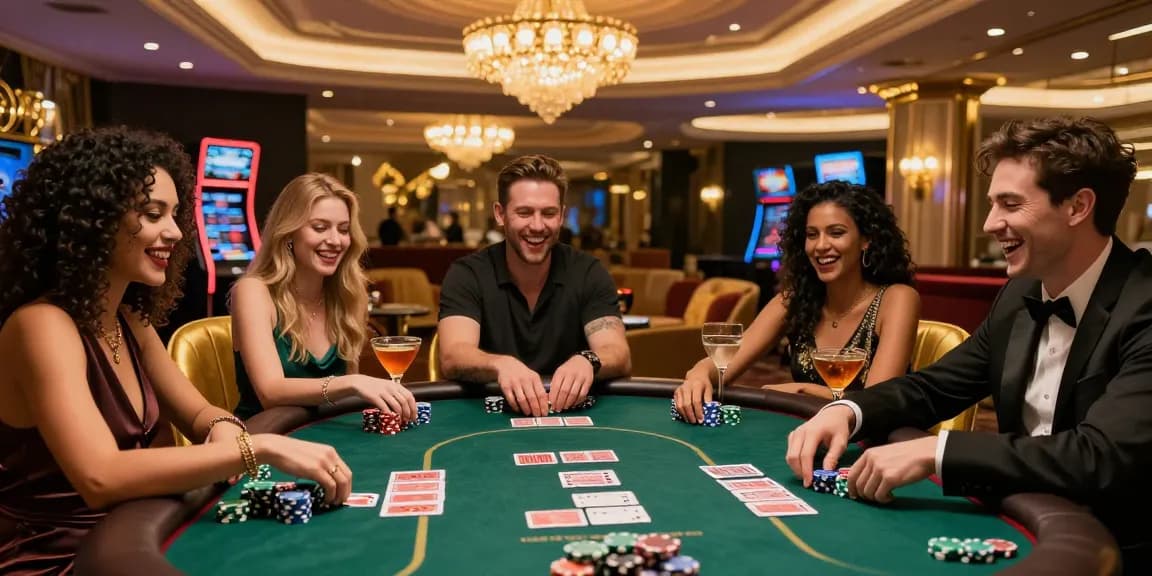 Kerumunan ulasan LUXURY777 di meja poker mewah, suasana meriah dengan minuman berkelas.