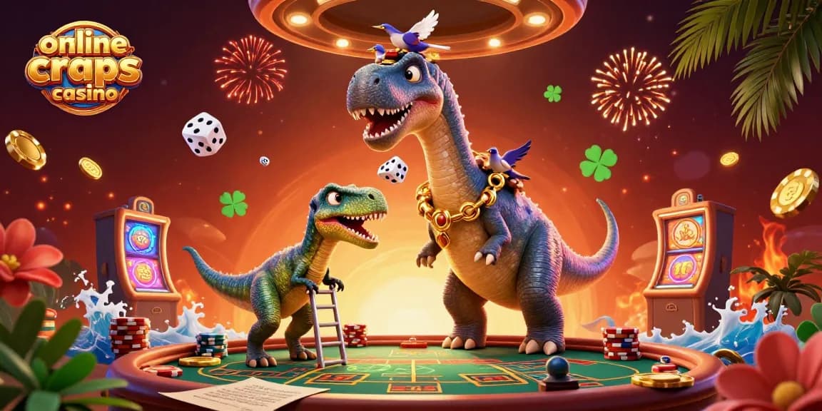 Win at online craps casino with a fun scene of a brontosaurus, raptor dealer, and exciting gaming elements.