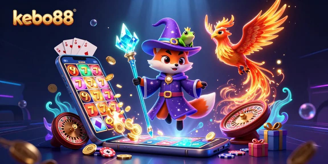 Mengakses pengalaman seru kebo88 dengan penyihir ajaib dan phoenix, dikelilingi elemen permainan kasino.
