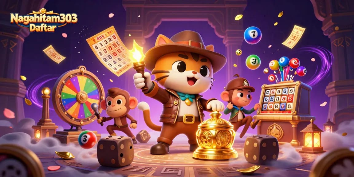 Nagahitam303 Daftar showcases an explosive lottery theme with vibrant game elements and engaging characters.