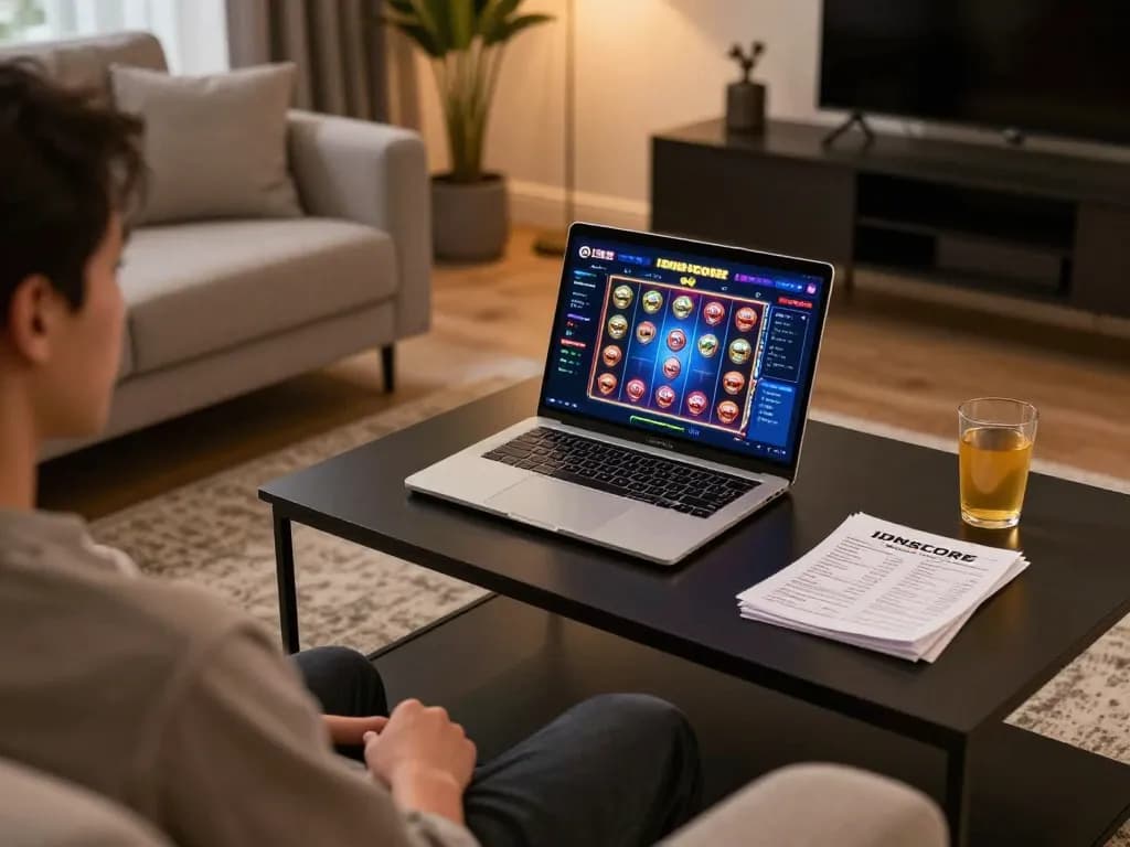 IDNSCORE online gaming experience showcasing vibrant slot game with comfortable settings
