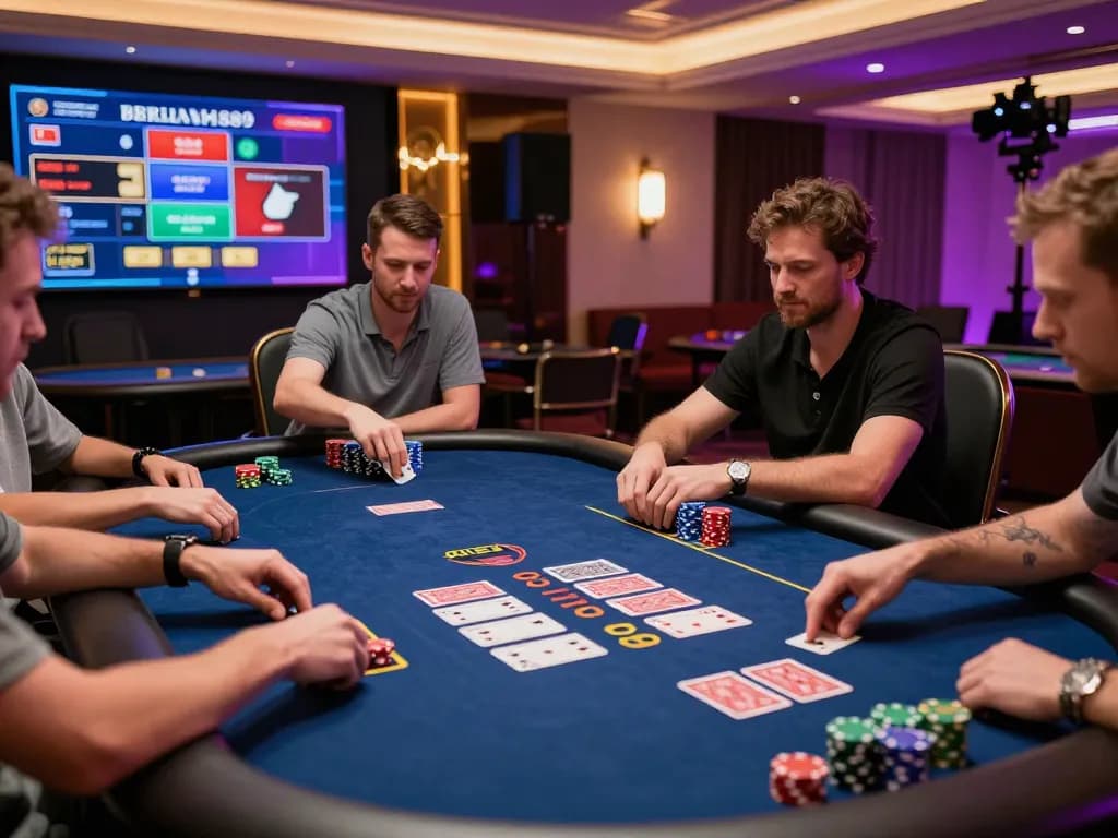 Engaged players at BERLIAN889 online casino strategizing their poker bets.