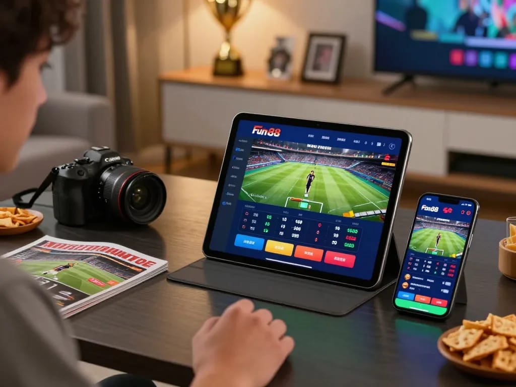 Betting with the Fun88 app on a tablet while enjoying sports at home, illustrating online gaming excitement.