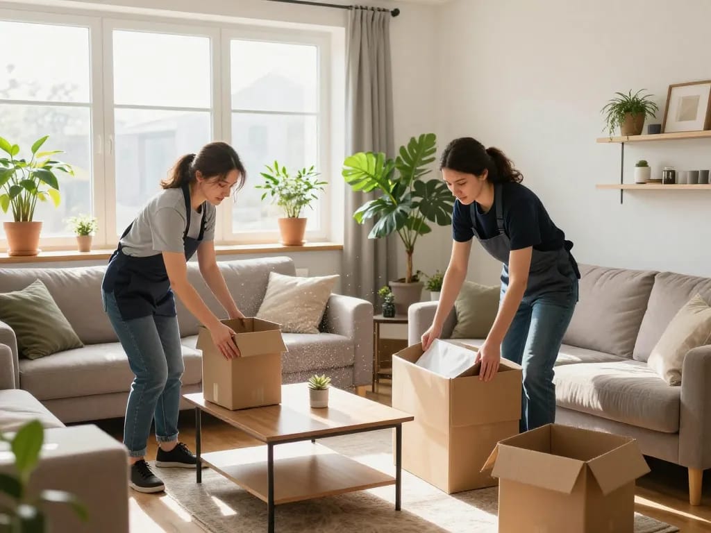 Prozess der Entrümpelung in einem Wohnzimmer, das professionelle Räumung Wien Dienstleistungen hervorhebt, organisiertete Gegenstände und helles, natürliches Licht zeigt.
