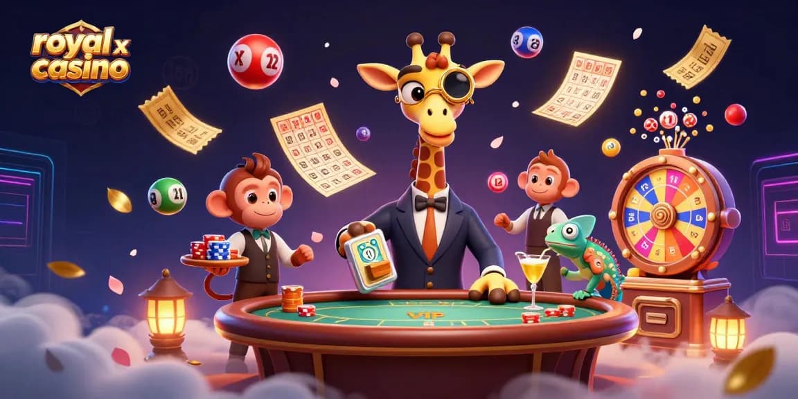 Experience elite gaming at royal x casino with a vibrant scene of characters, slots, and casino action.