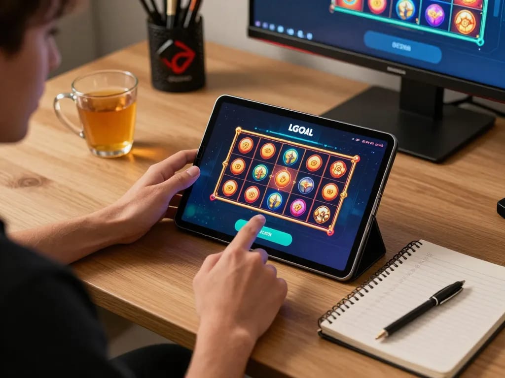 LGO GOAL player enjoying an online gaming session, showcasing exciting slot animations on a tablet.