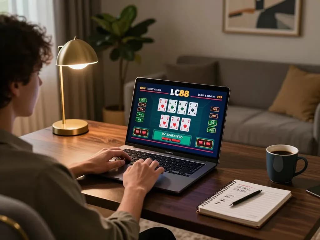 Engaging in live dealer blackjack at home using LC88's platform, cozy and stylish setup.