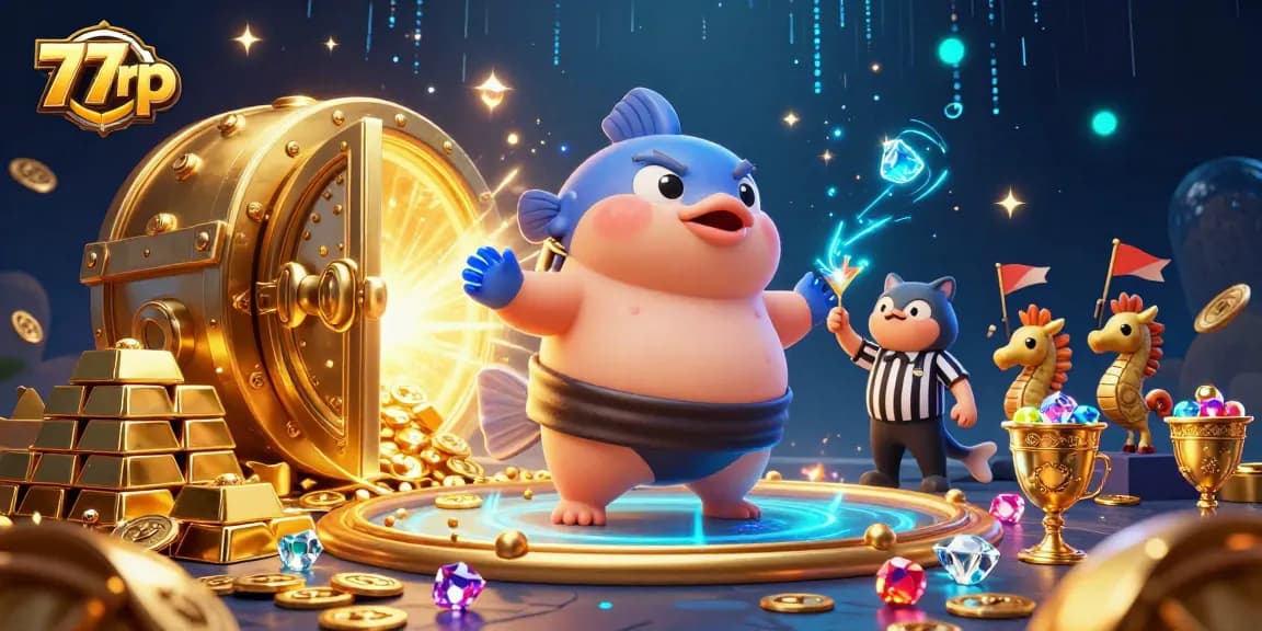 Engage with colorful 77rp gameplay as fugu and friends celebrate big wins!