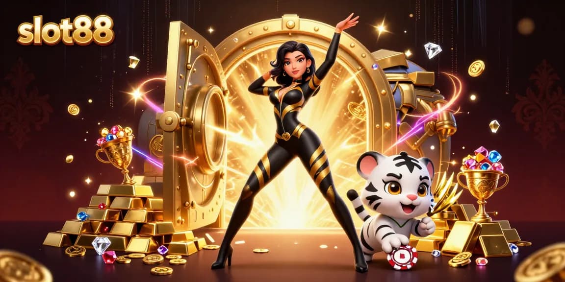 Win big with slot88 at this vibrant casino-themed illustration featuring rich treasures.