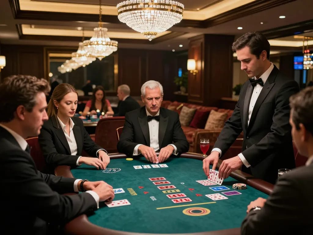 Players at SC 88 baccarat table make strategic bets in an upscale casino atmosphere