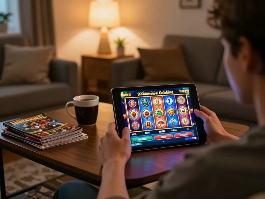 Engaging with online slots on a tablet, emphasizing fabet gaming experience in a cozy setting.