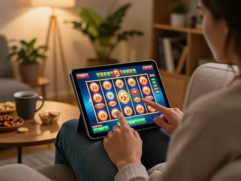 janadenole user enjoying an exciting online slot game on a tablet in cozy living room