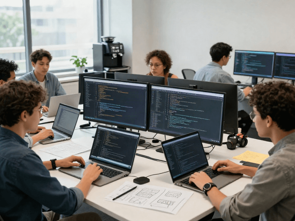 Tim pengembang perangkat lunak SGA33 berdiskusi di ruang kantor modern dengan laptop dan dokumentasi.
