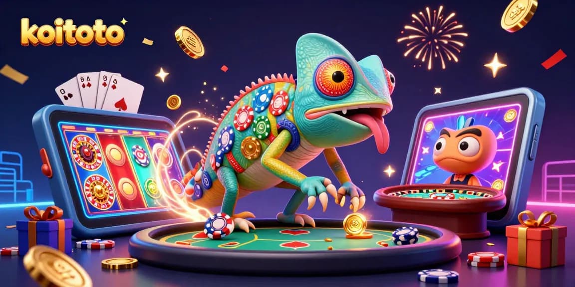 Koitoto menghadirkan ilustrasi kasino dengan chameleon 3D warna-warni yang mengawasi permainan, menarik koin emas.