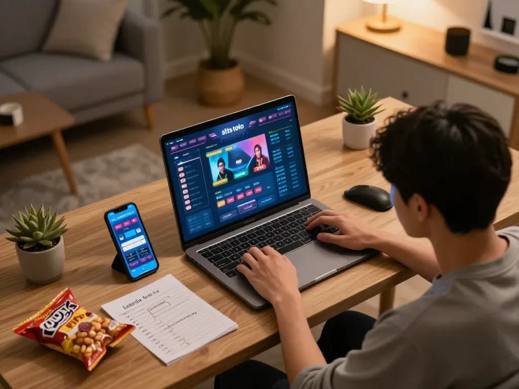 Engage with situs toto gameplay on a modern laptop in a cozy home office for strategic betting.