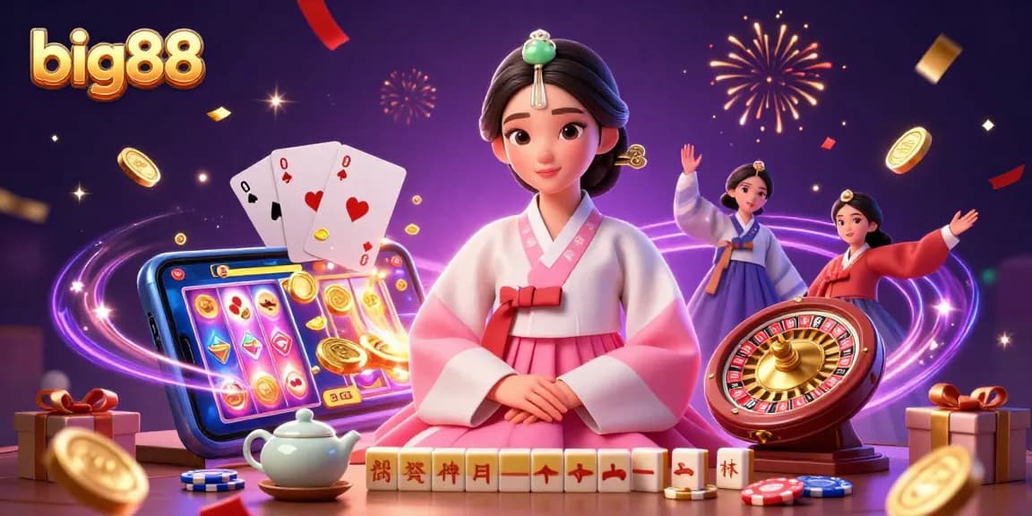 big88 celebrates big wins with an elegant Asian woman surrounded by vibrant gaming elements.