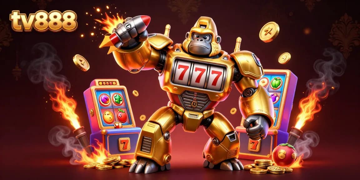 Experience thrilling gameplay with tv888's golden gorilla mech amidst vibrant slot elements.