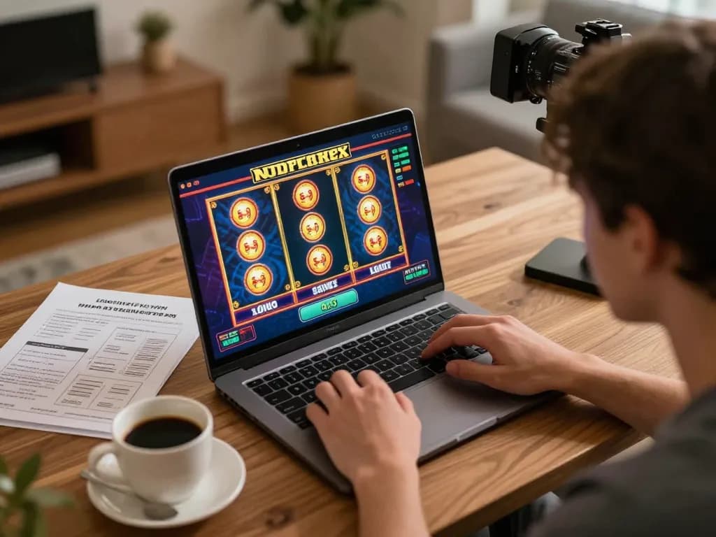 Pemain yang terlibat menikmati pengalaman link slot gacor di laptop mereka dikelilingi catatan strategi dalam suasana rumah yang nyaman.