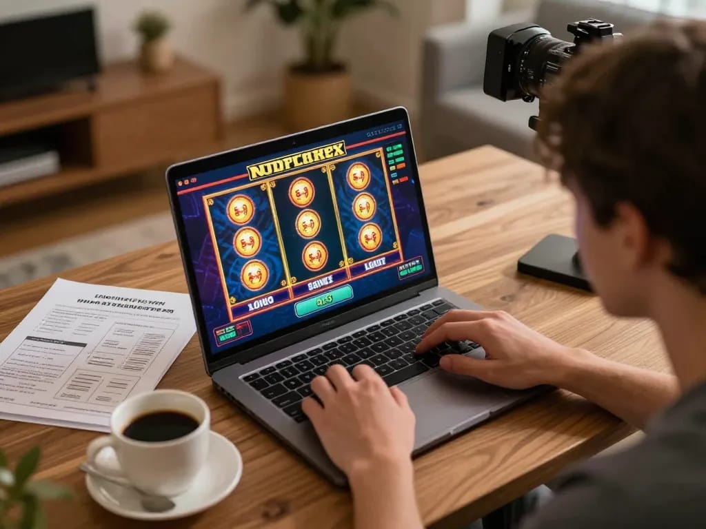 Pemain yang terlibat menikmati pengalaman link slot gacor di laptop mereka dikelilingi catatan strategi dalam suasana rumah yang nyaman.