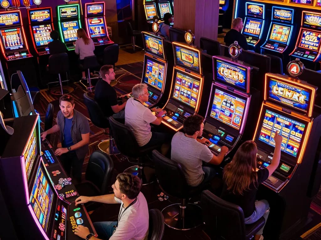 Players enjoying slot machines at Casino Thailand showcasing vibrant gameplay and excitement.