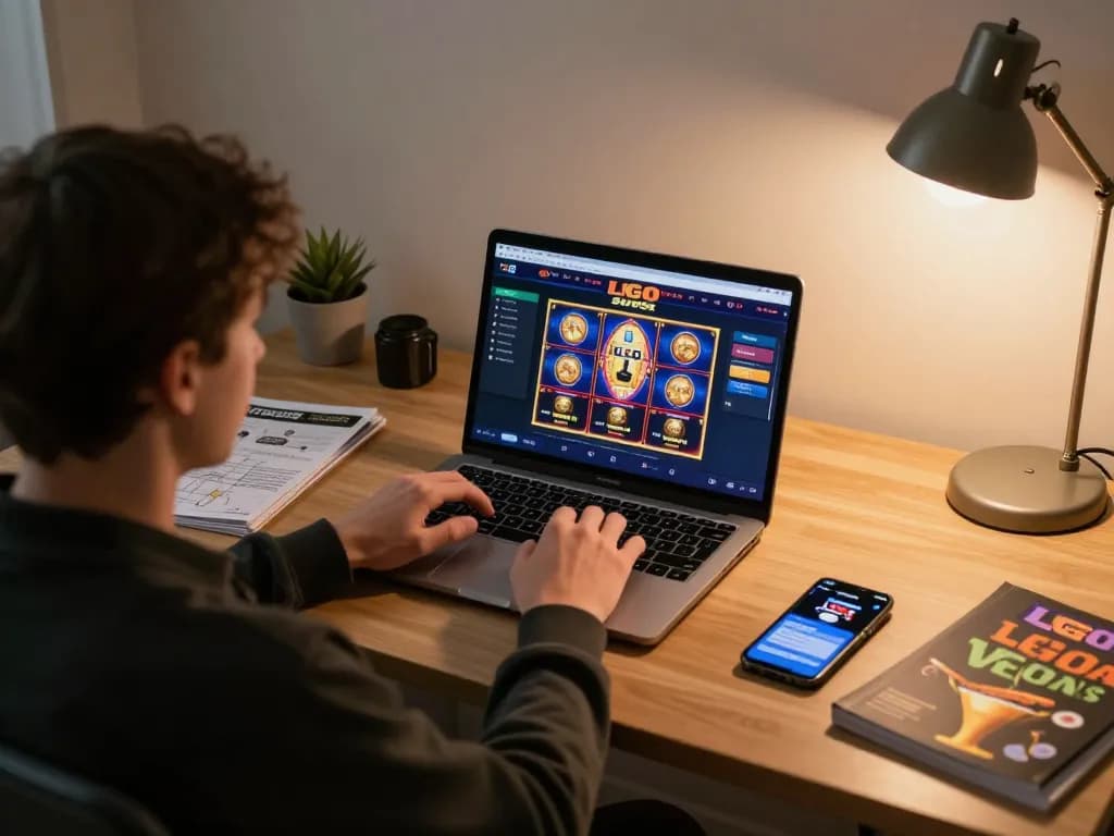 LGO SUPER player engaged with online slots at home, showcasing strategic betting setup.