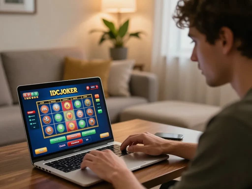 IDCJOKER player interacting with online slots in cozy home environment, highlighting strategic gaming