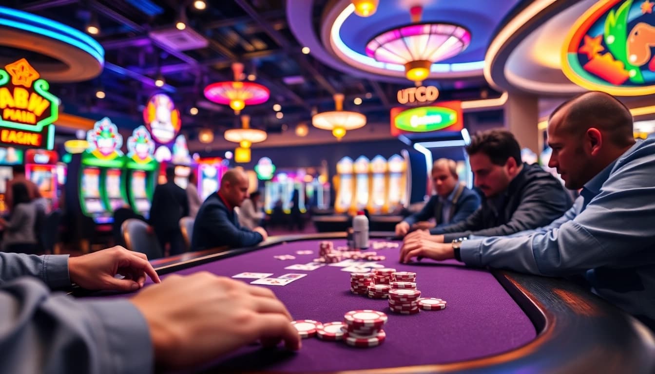 Toko56 memperlihatkan pemain poker yang berfokus di meja kasino yang cerah dan berwarna-warni.