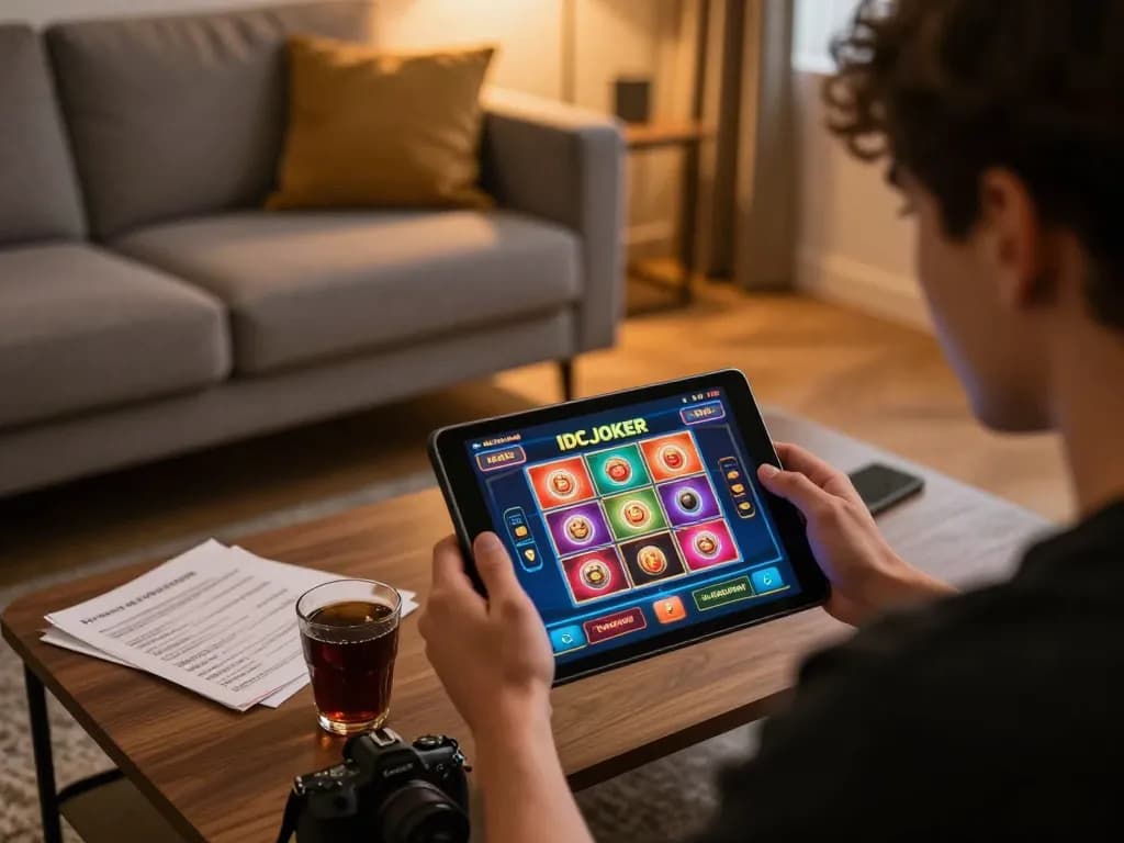 IDCJOKER slots gameplay on tablet in relaxed home setting, showcasing modern online gaming.