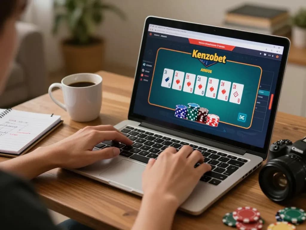 Kenzobet user experiencing thrilling online poker gameplay in a cozy home environment