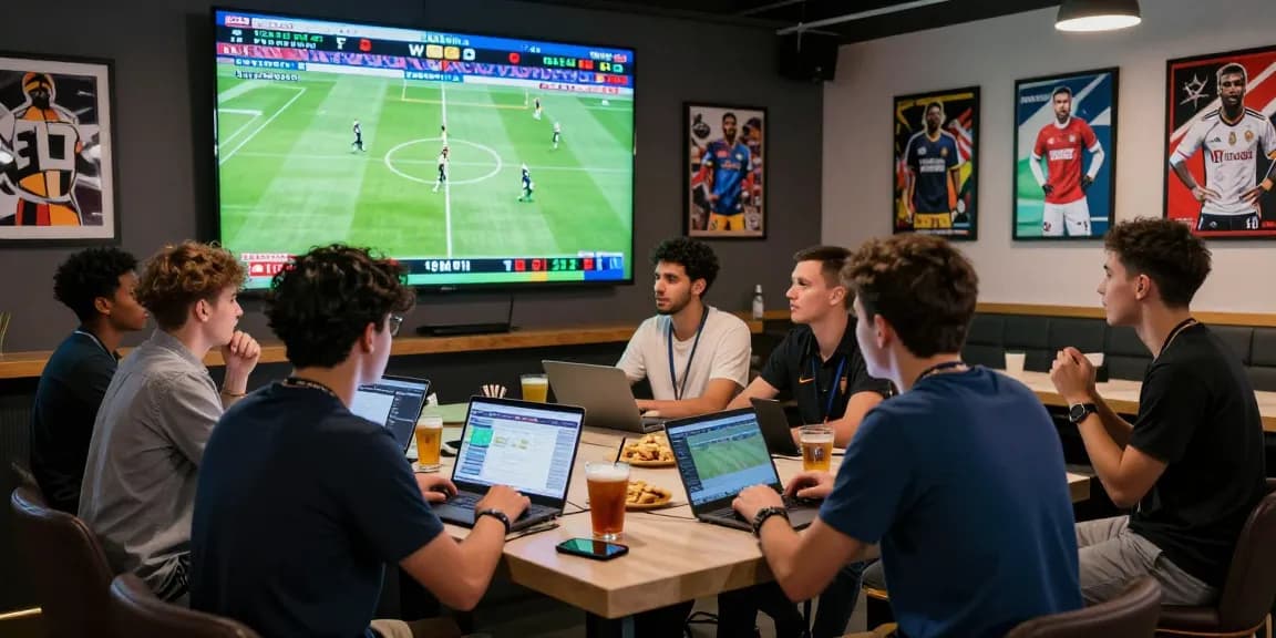 Sports fans engaged in real-time betting at https://soikeonhacai.com.co/, enjoying a lively sports bar atmosphere with screens displaying odds.