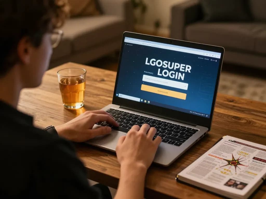 Player accessing LGOSUPER LOGIN from a cozy home setup with strategy notes visible.