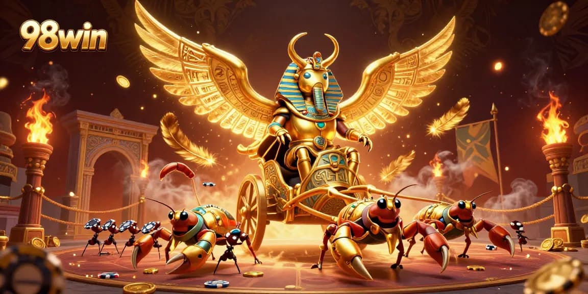 Experience thrilling gaming action at 98win with a unique, vibrant casino illustration featuring epic elements.