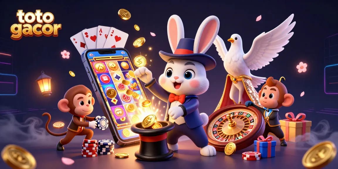 Menggoda togel gacor dengan ilustrasi 3D berwarna-warni tentang seorang kelinci penyihir dan asistennya, di tengah aksi permainan kasino.