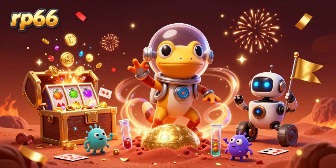 Experience the thrill of rp66 online gaming with animated Martian characters celebrating in a golden casino.